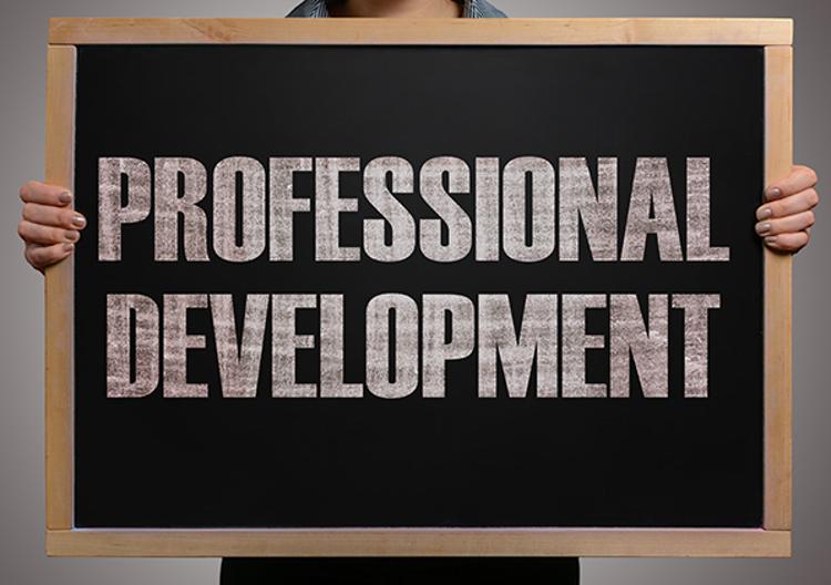 Person holding a chalkboard with the words "professional development" written on it.