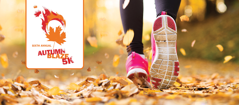 Autumn Blaze 5K logo + runner's feet in leaves