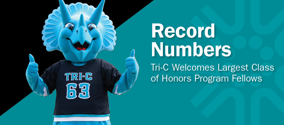 Tri-C Mascot Stomp with text on the College's record number of Honors Program Fellows