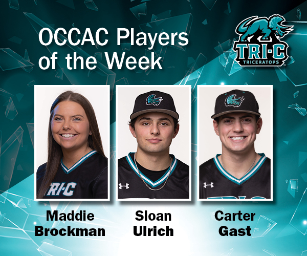 Graphic of OCCAC Players of the Week Maddie Brockman, Carter Gast and Sloan Ulrich