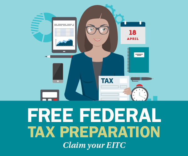 Illustration of person with tax forms for EITC tax clinic