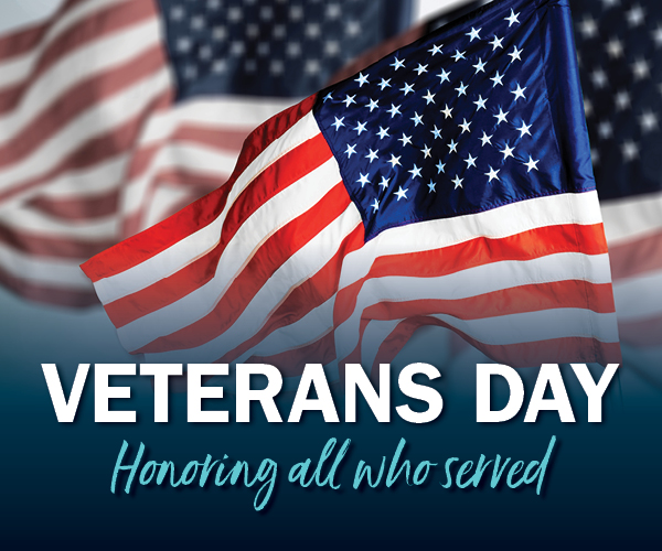 Graphic of American flag with text "Veterans Day: Honoring all who served"