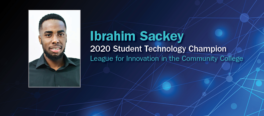 Photo of Ibrahim Sackey with a technology-focused backdrop and description of his award