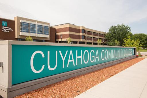 Cuyahoga Community College sign with Metro Campus in background