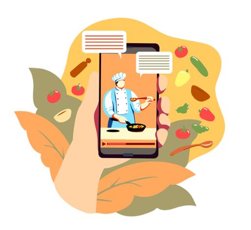 Illustration showing a cooking demonstration on a cell phone