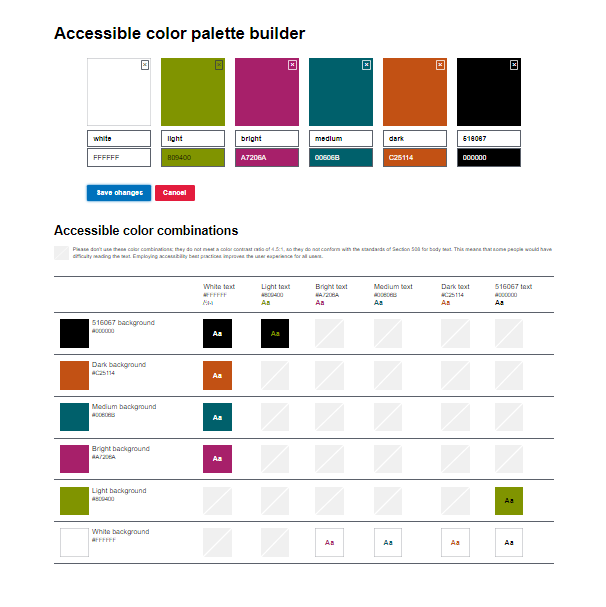 A screenshot from the Accessible color palette builder website with six colored rectangles followed by a chart of accessible color combinations