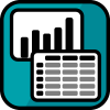 Icon graphic of a bar chart overlapped by a table chart