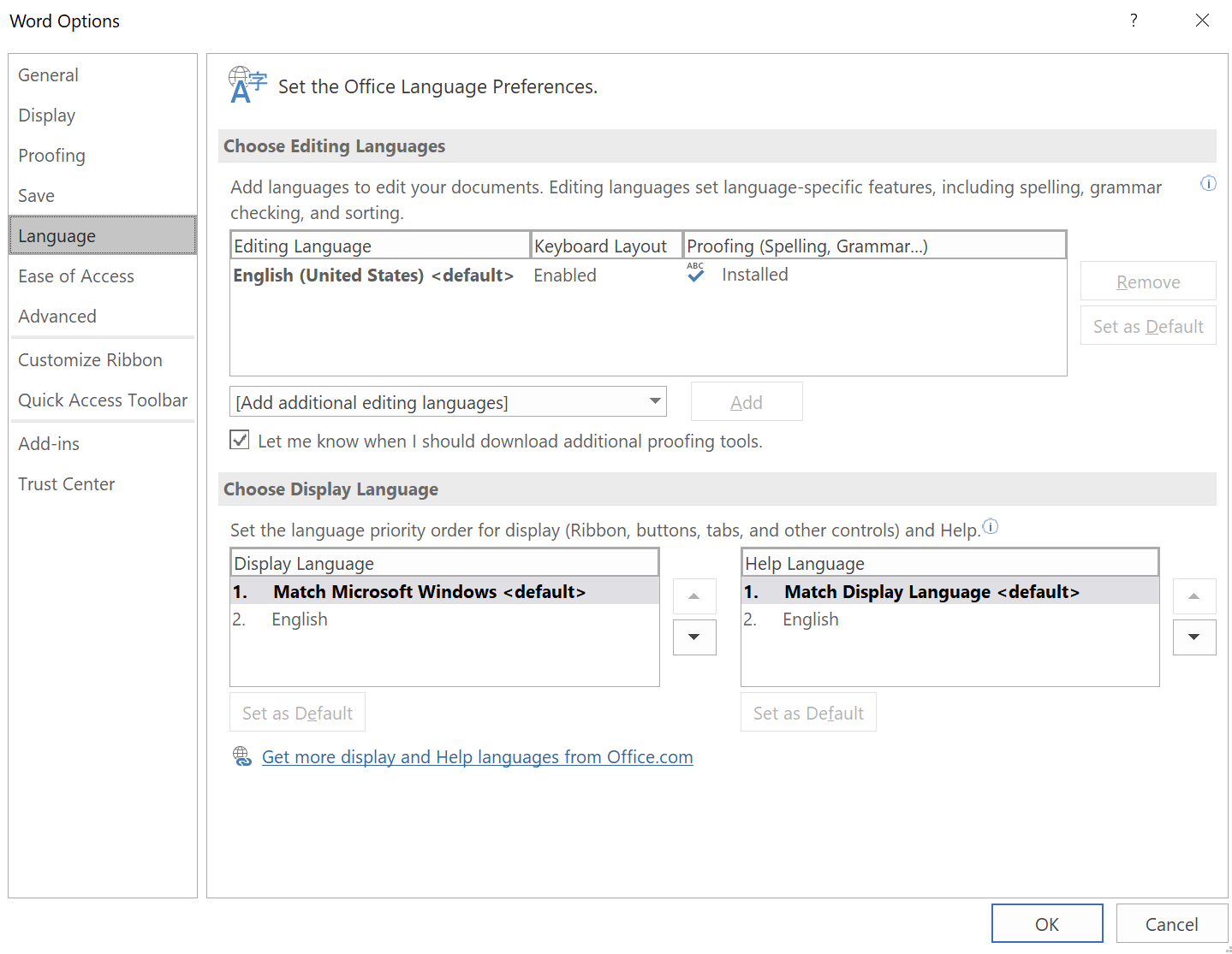 Screenshot of Microsoft word Language options