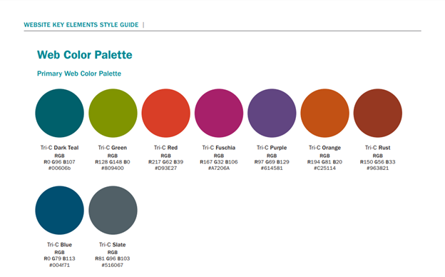A color palette with a circle for each of the nine approved Tri-C web colors