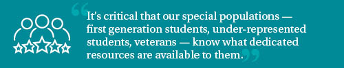 Quote Image: “It’s critical that our special populations — first generation students, under-represented students, veterans — know what dedicated resources are available to them.”