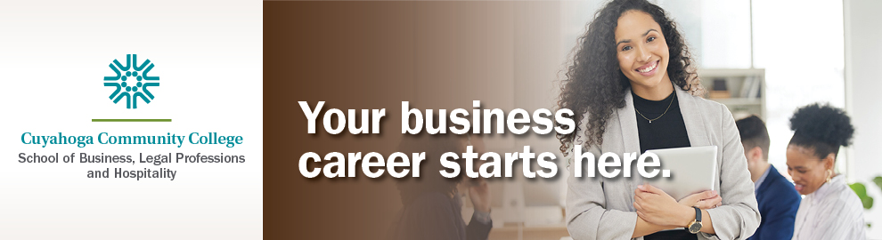 text says: business choices. your business career starts here. Includes photo of smiling woman holding a tablet.