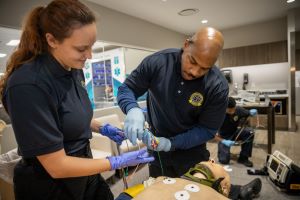 Male and female EMT students standing next to each other