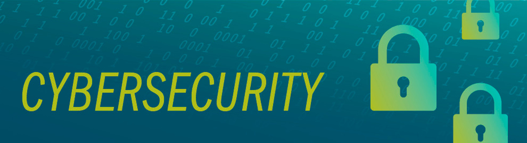 The word "cybersecurity" with padlocks with binary code in the background