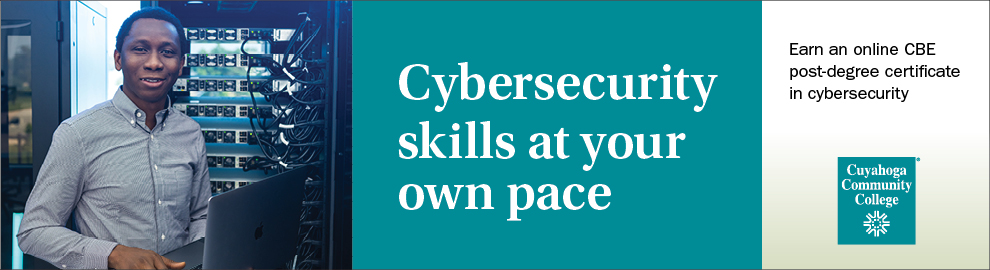 A woman and man in front of a computer: Cybersecurity skills at your own pace