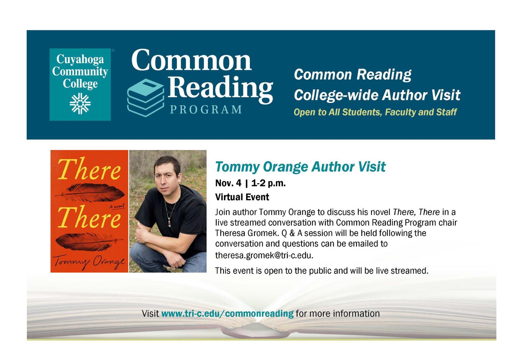 This image contains information about the College-Wide Author Visit with Tommy Orange on November 4, 2020.