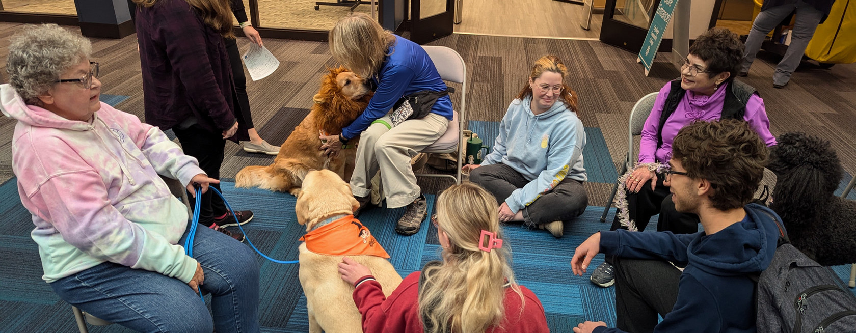Students with therapy dogs
