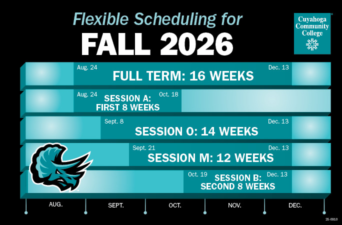 Flexible Scheduling for Fall 2026: Full term: 16 weeks. Session A: First 8 weeks. Session O: 14 weeks. Session M: 12 weeks. Session B: Second 8 weeks.