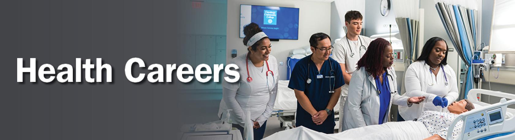 Workforce training banner image with group of healthcare students next to mannequin with the words health careers on a gray gradient background. 