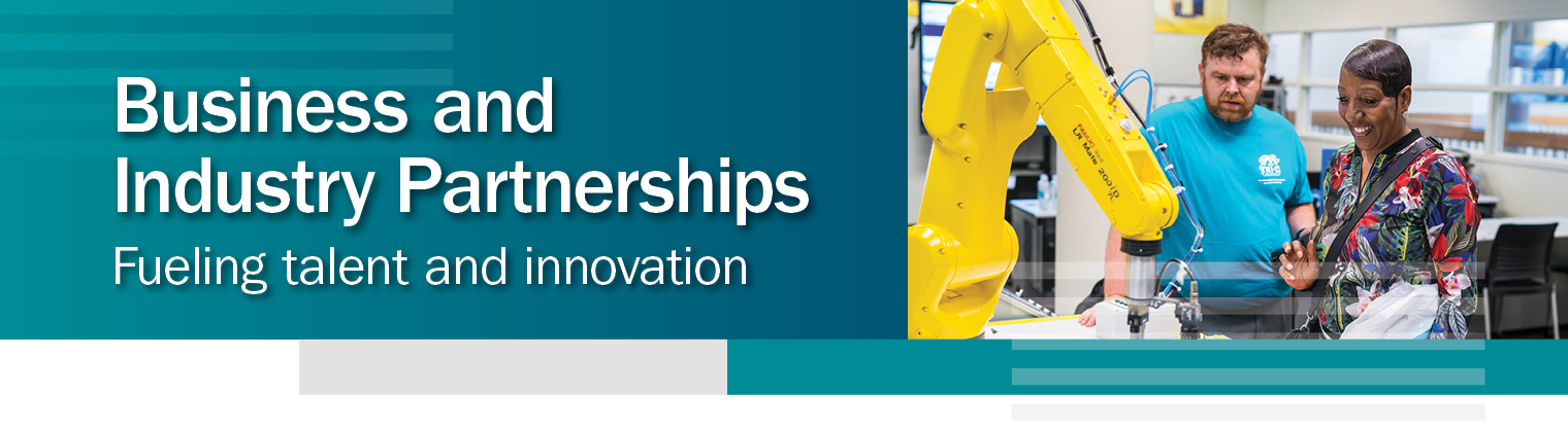Text says business and industry partnerships fueling talent and innovation. 