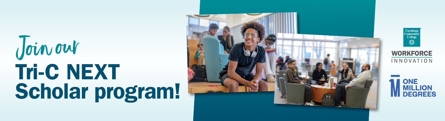 Text reads "Tri-C NEXT Scholar program" with smiling student on steps